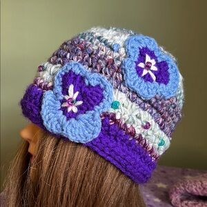 Elegant Floral Knit Beanie in Purple and Blue acrylic yarn medium new